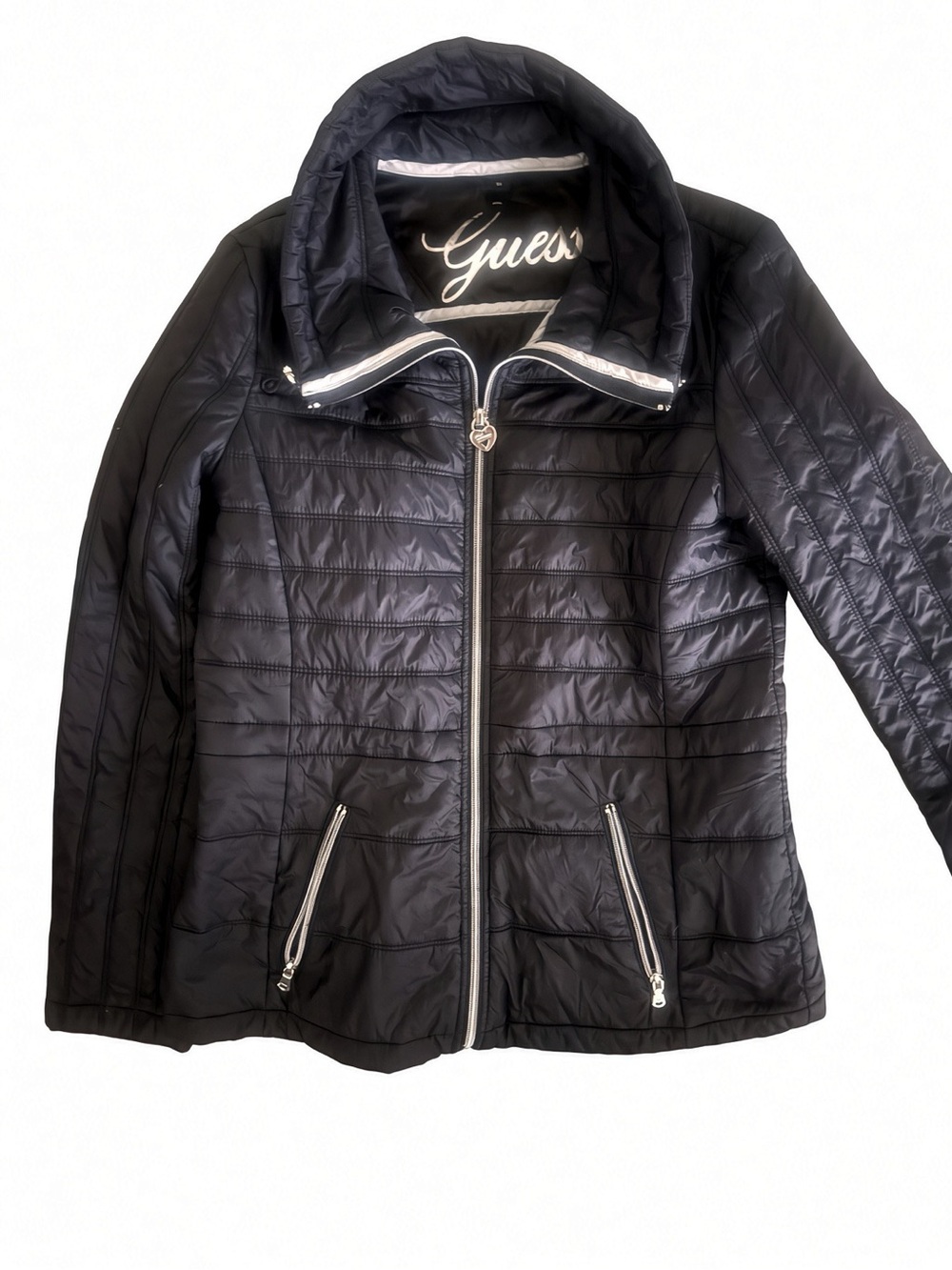 Guess Black Quilted Hooded Puffer Jacket with Silver Zippers